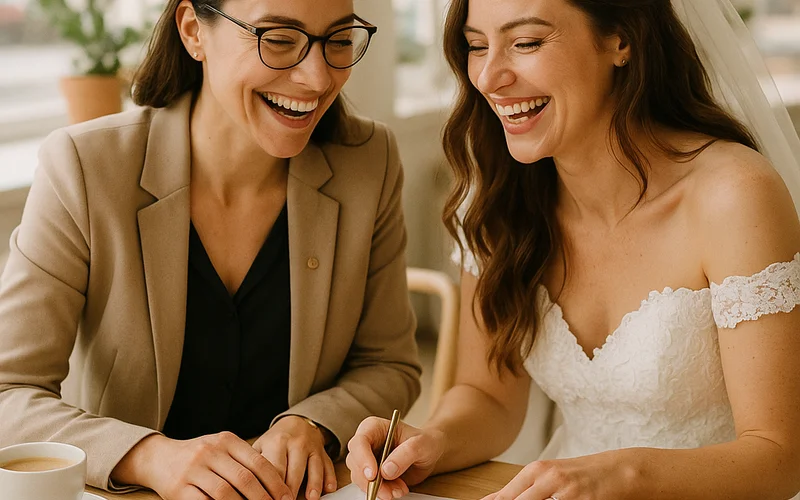 Wedding coordinator and bride laughing together over planning documents