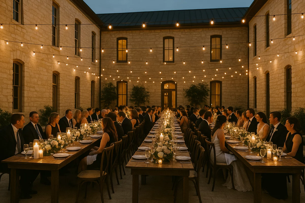 Wedding reception in a historic limestone courtyard in Georgetown Texas