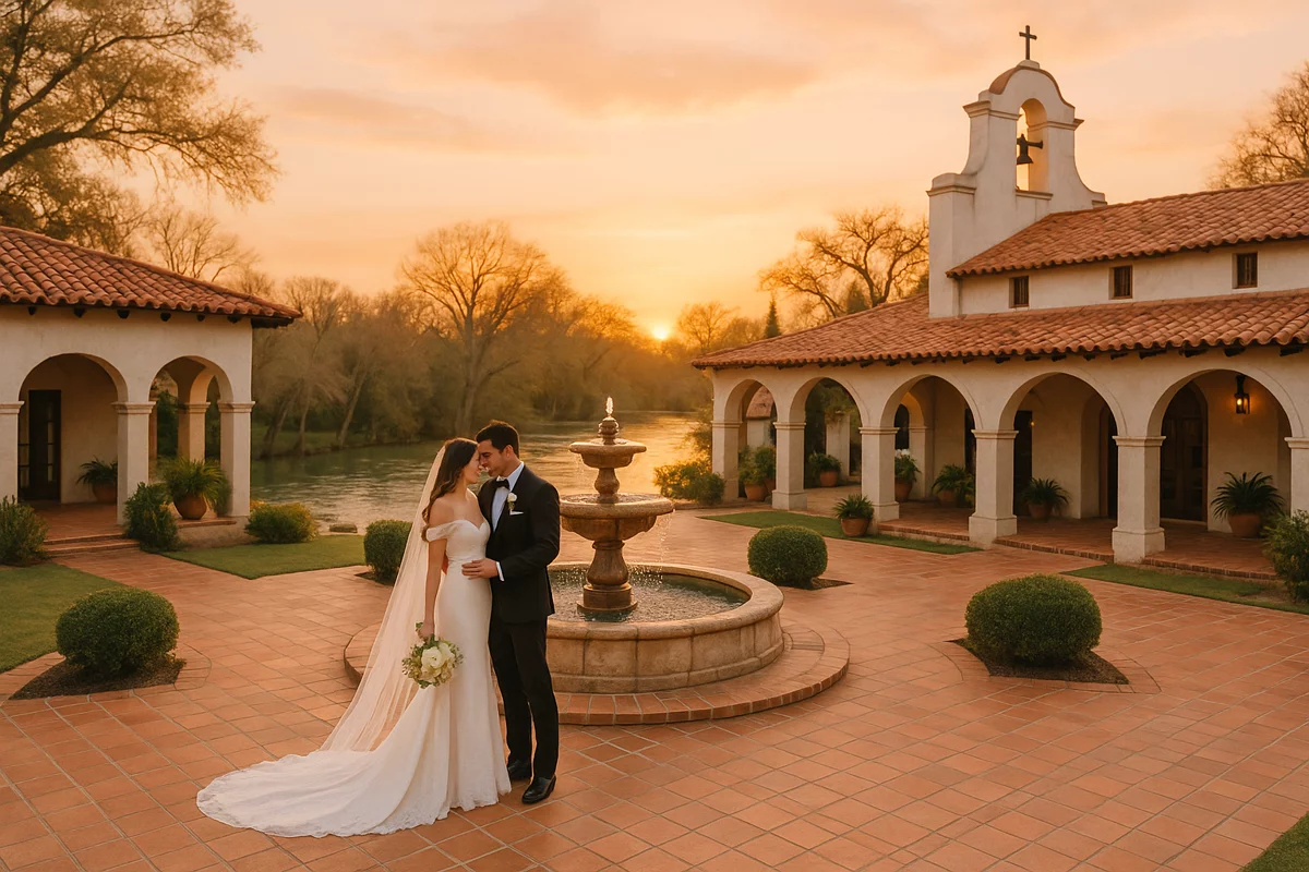 Wedding venue along the San Marcos River with Spanish-style architecture